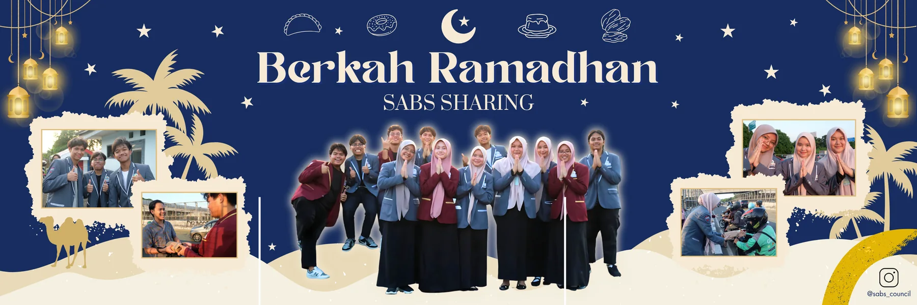 Wide navy and gold Berkah Ramadhan and SABS Sharing banner with student activity photos and the @sabs_council Instagram handle