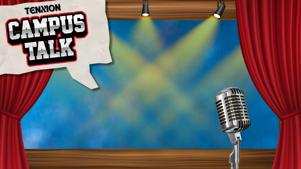 Tenxion Campus Talk stage visual with red curtains, spotlights, a blue background, and a microphone