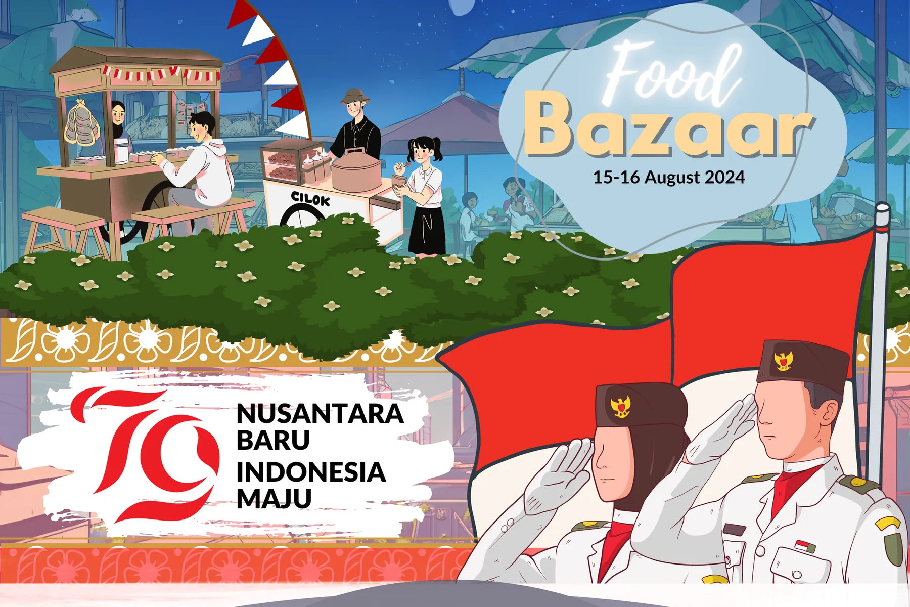 Illustrated Food Bazaar visual with the Nusantara Baru, Indonesia Maju theme and dates 15–16 August 2024