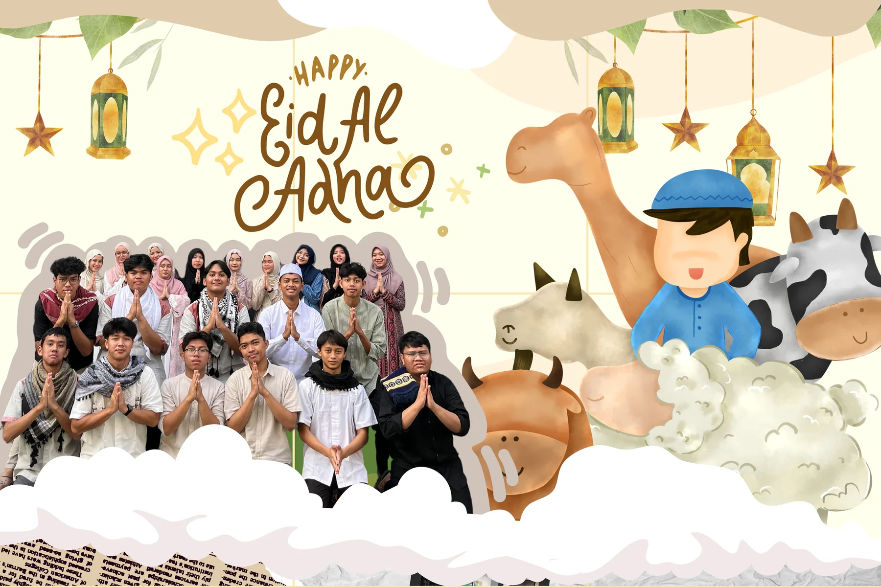 Illustrated Eid al-Adha greeting with a group photo, lanterns, and playful animal illustrations