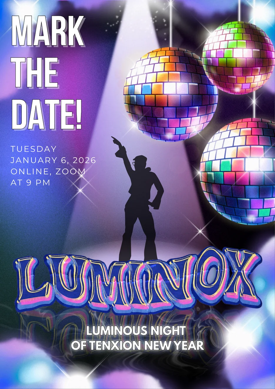 Luminous Night of Tenxion New Year poster for an online Zoom event on 6 January 2026 at 9 PM
