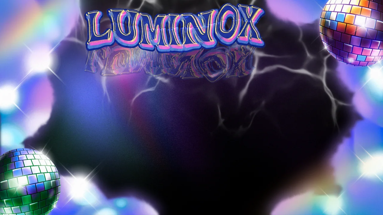 Luminox virtual background with a central dark space, colorful disco balls, and glowing blue, purple and white lights