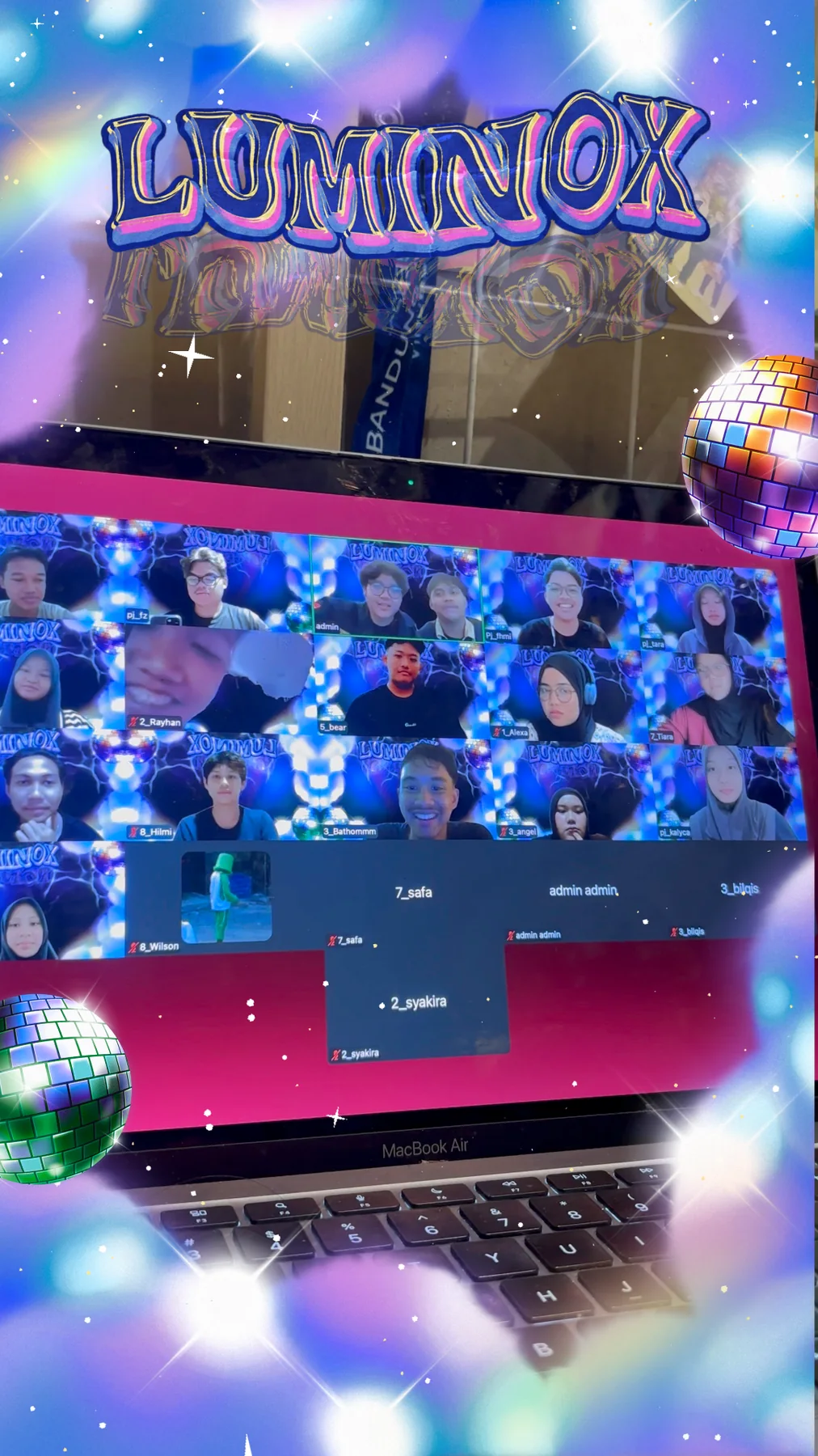 Luminox live-report visual showing screenshots of attendees in a Zoom event, framed by colorful disco-ball graphics