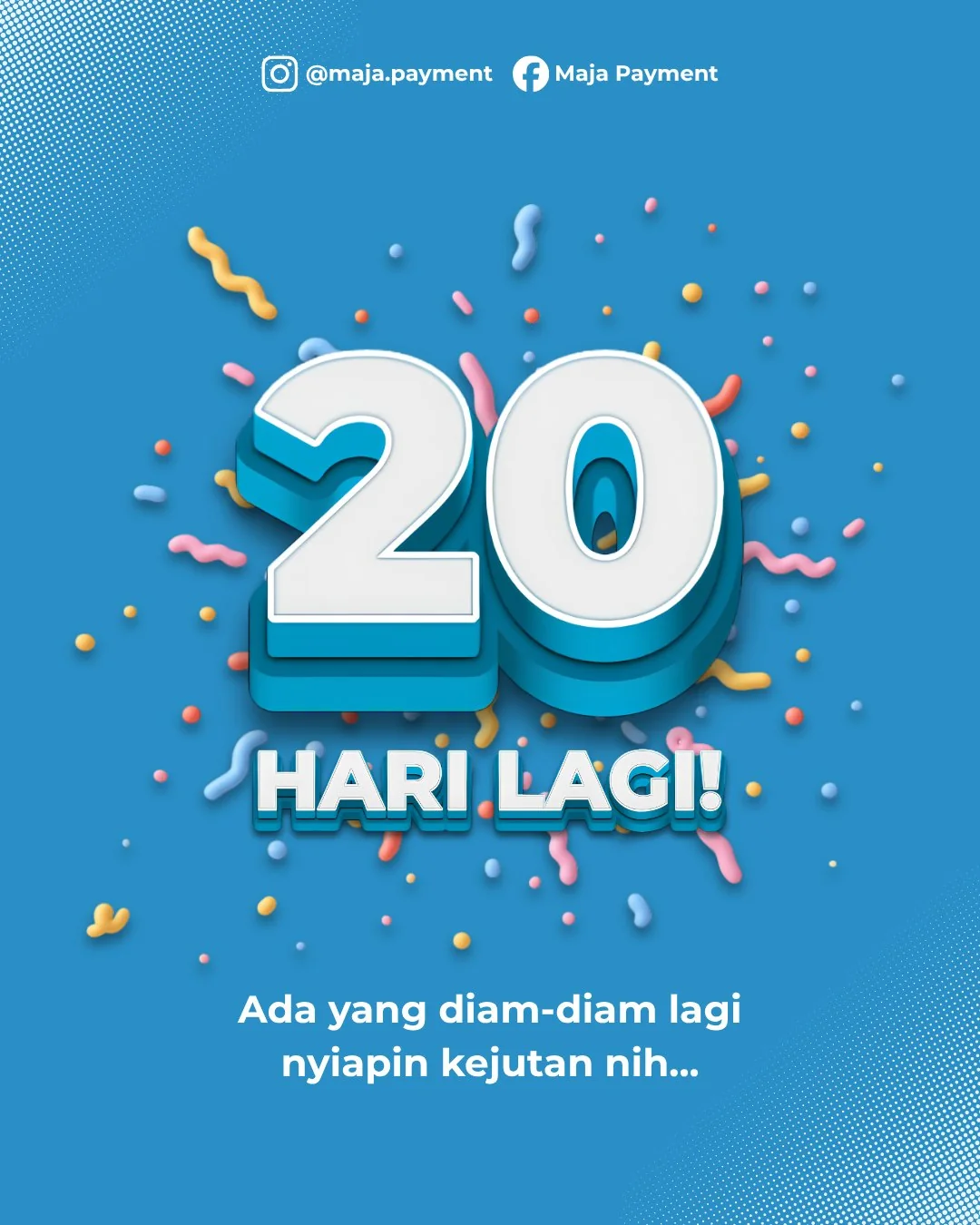 Blue campaign countdown graphic reading 20 Hari Lagi with a teaser message about a coming surprise