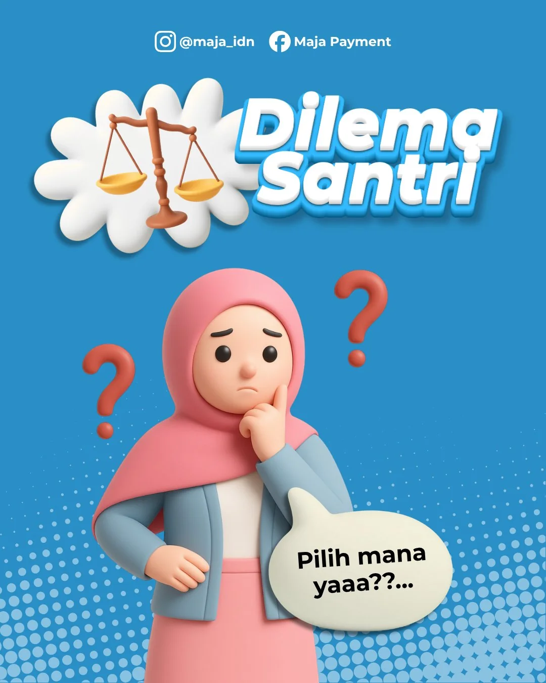 Dilema Santri illustration of a student thinking about a choice, with scales and question marks