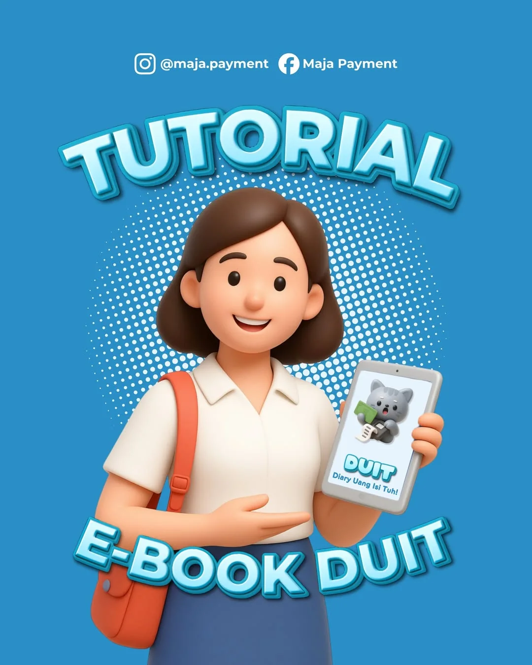 DUIT e-book tutorial graphic with a student holding a phone showing the DUIT app