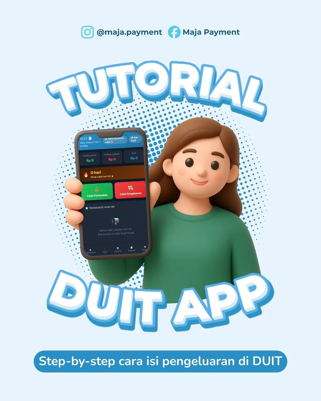 DUIT app tutorial graphic explaining step by step how to enter an expense