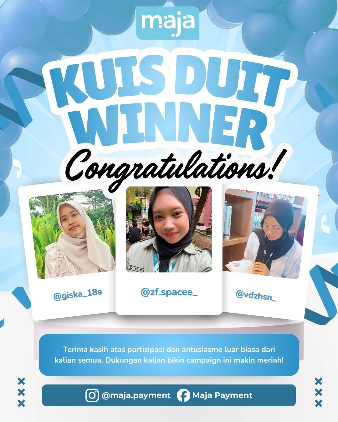 DUIT Quiz Winner congratulations graphic featuring three winner photos and a thank-you message
