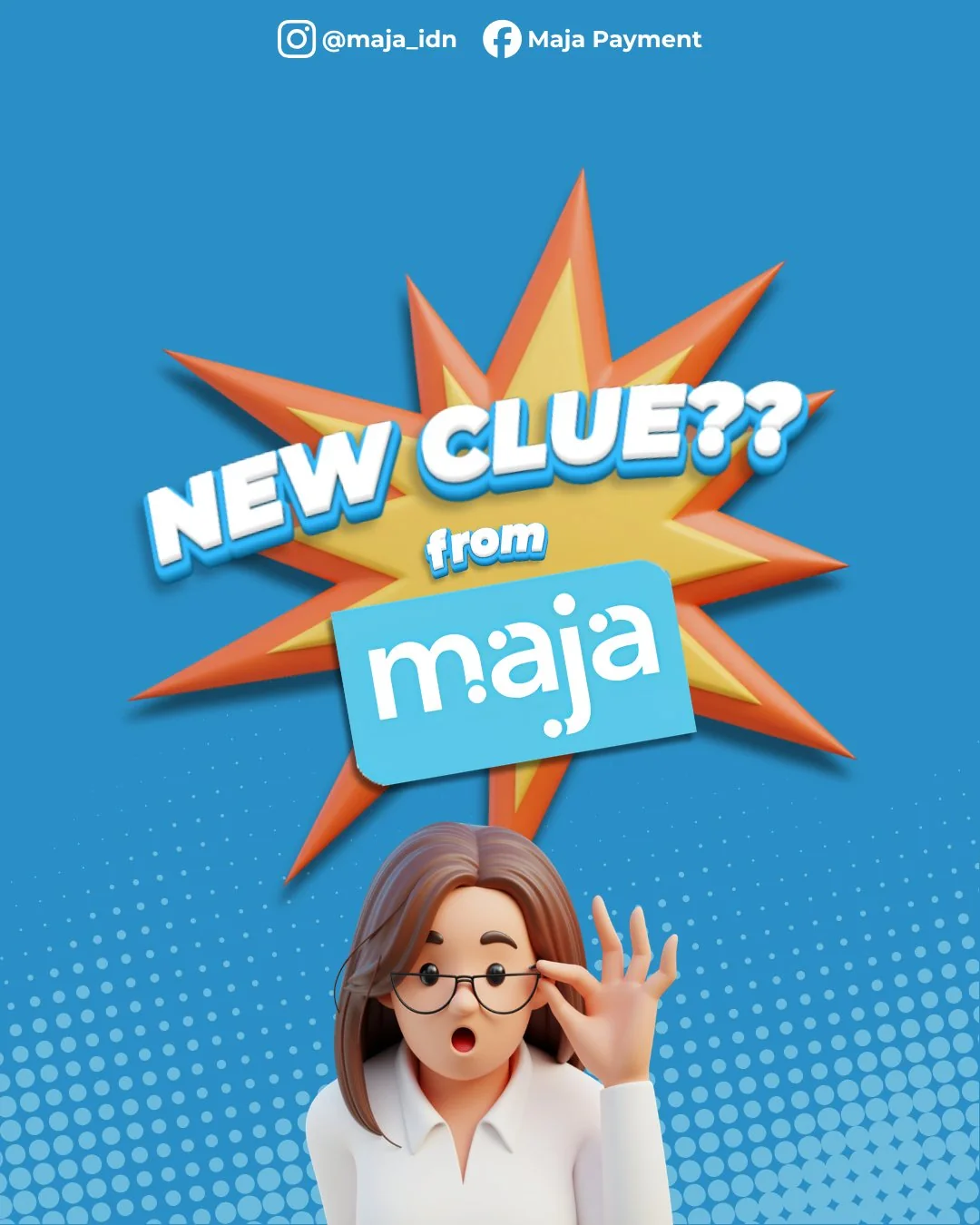 New Clue from Maja teaser graphic with a starburst, Maja branding, and an illustrated character