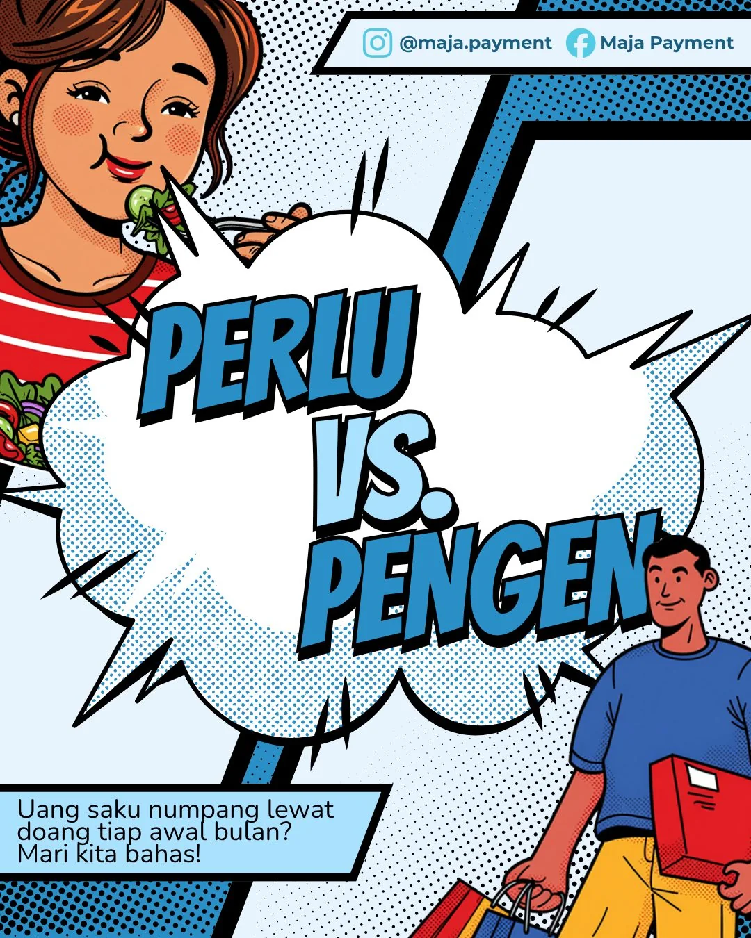 Illustration contrasting needs and wants, with a question about pocket money running out at the start of the month