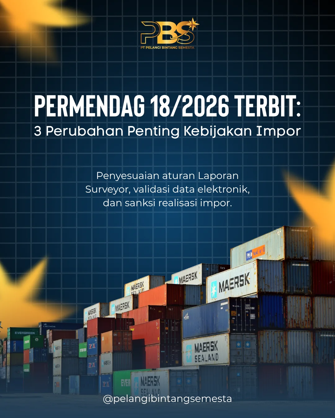 Information graphic titled Permendag 18/2026 Terbit: 3 Perubahan Penting Kebijakan Impor, listing surveyor-report rules, electronic-data validation, and import-realization sanctions